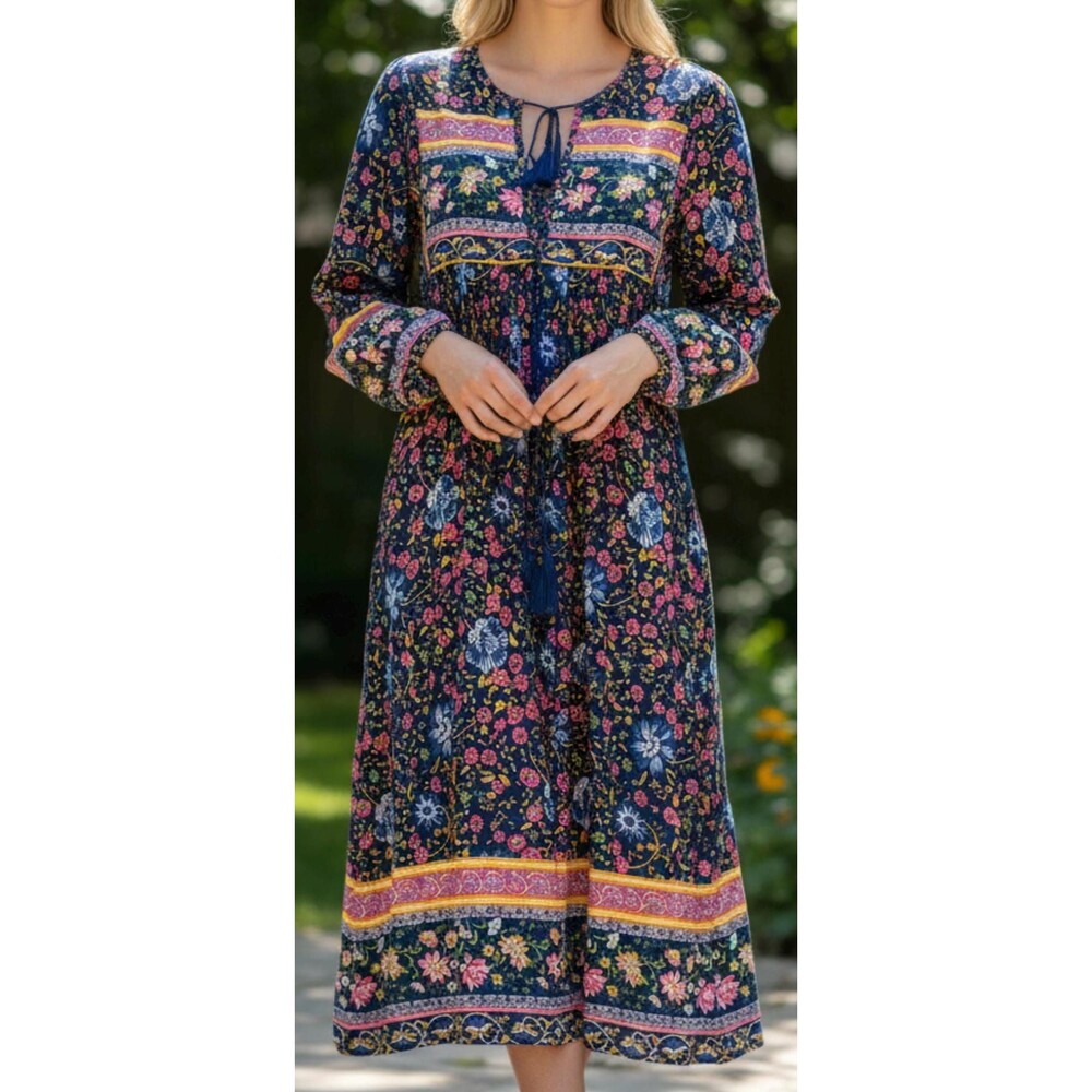 Lance Cades Boho Floral Maxi Dress VTG Cottagecore Long Sleeve Dress Navy  Small